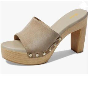 miss left Light Coffee Platform Chunky High Heel Mules Open Toe Studded Sandal